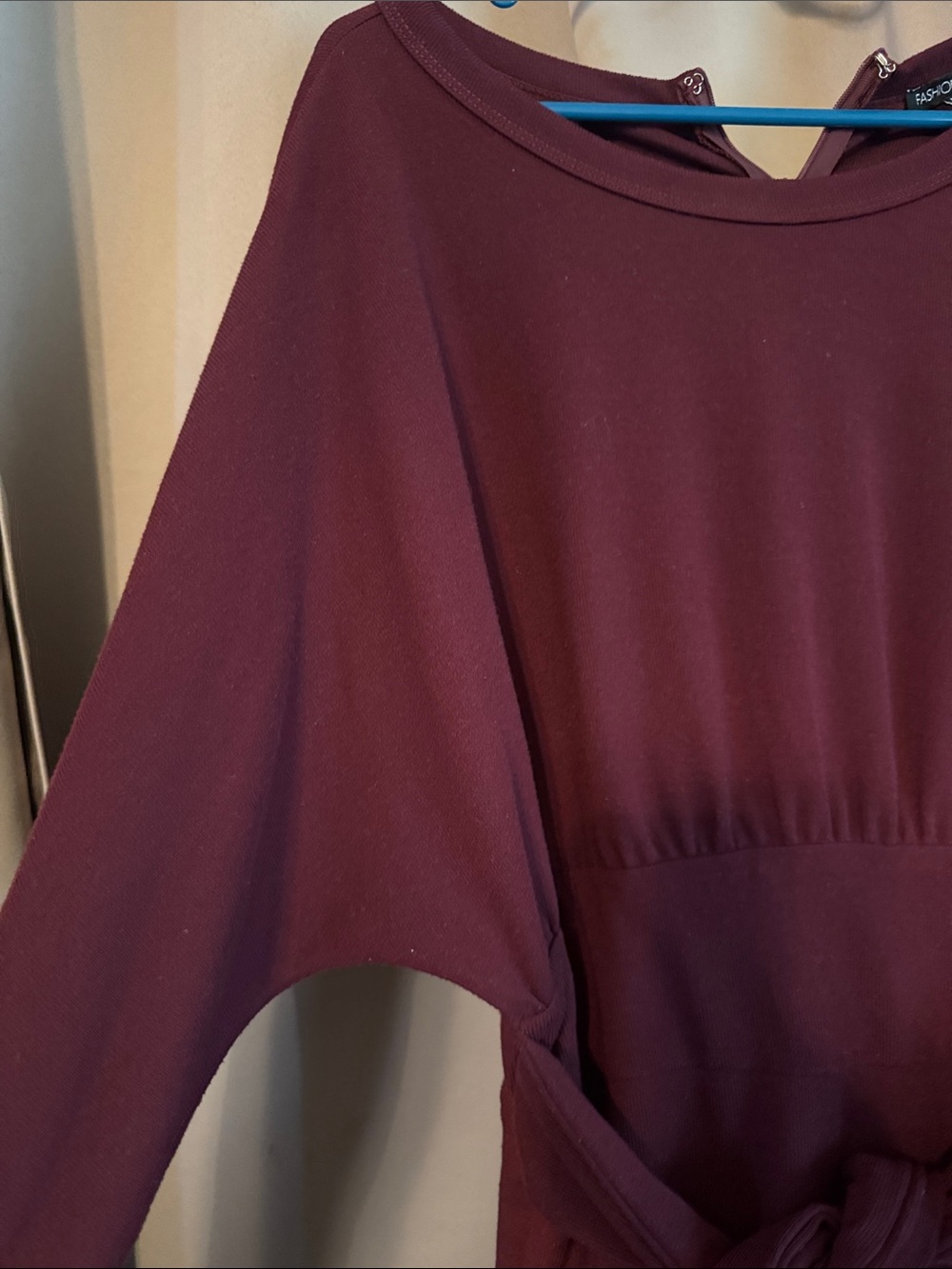 Fashion Nova Long Sleeve Tie-Waist Dress in Burgundy - Picture 3 of 5